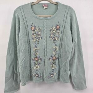 Vintage L Light Blue green Embroidered Floral Knit Sweater Long Sleeve Acrylic